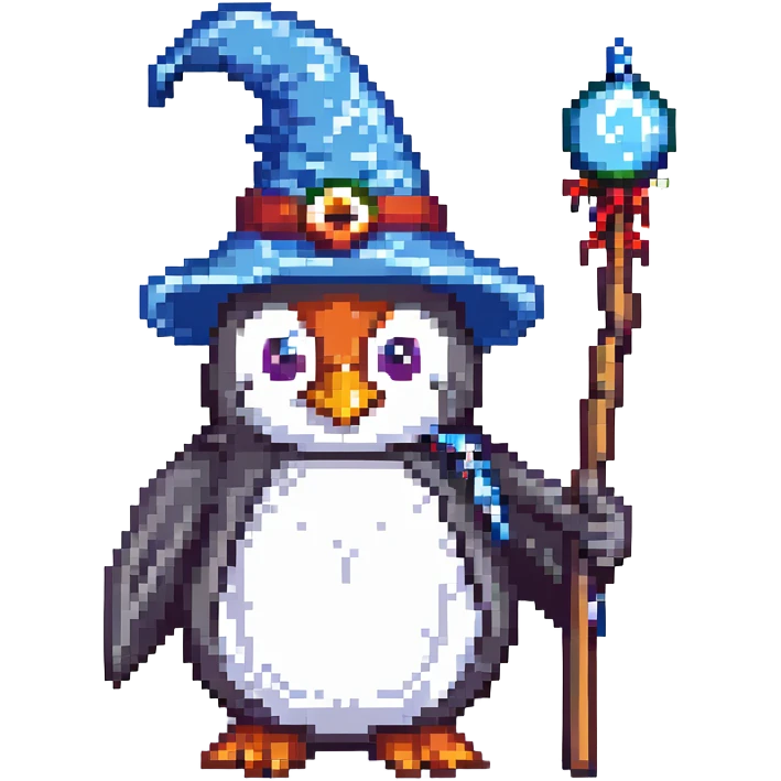 penguin wizard, fantasy, magical, staff, hat emoji