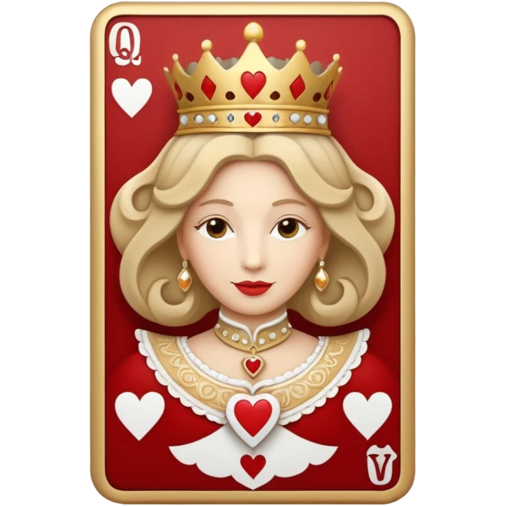 a playing beige and white card depicting the Queen of Hearts in gold emoji