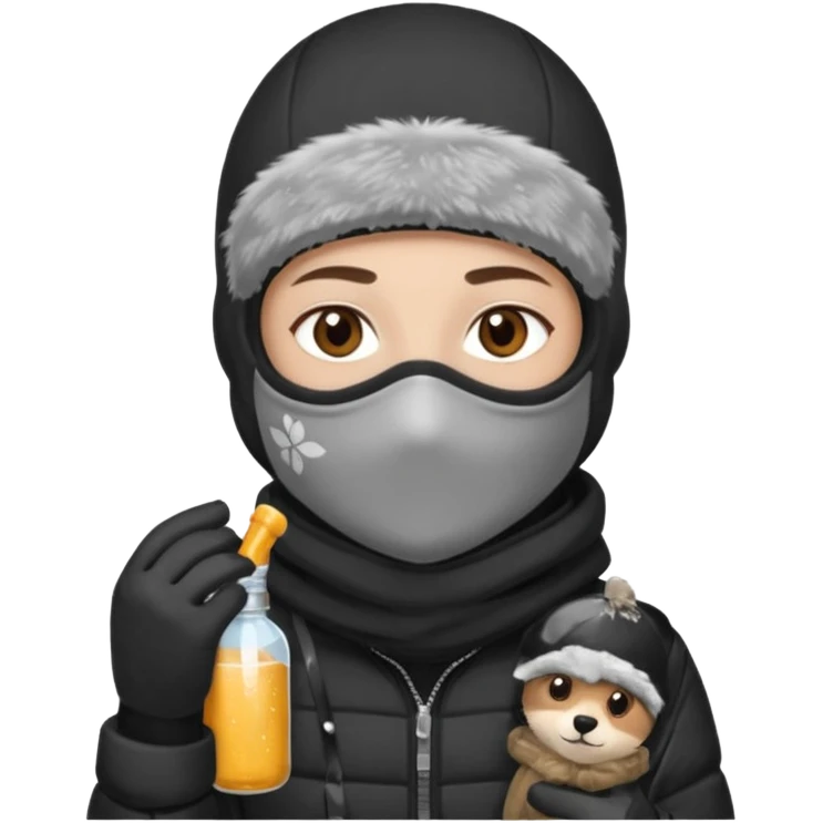 Junge mit Sturmhaube braune augen auf der rechten seite kleinen nasenpircing (glitzerstein) in der Rechten hand eine Jacky flasche und einer winterjacke mit fell an der mütze emoji