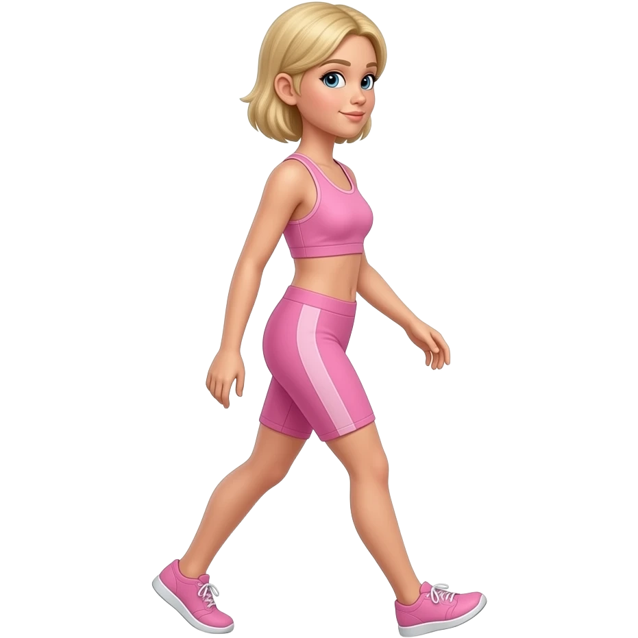 Blonde haired girl with slight tan walking left to right in pink activewear aesthetic soft lighting, simple emoji