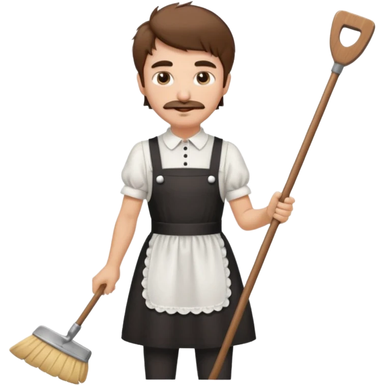 Guy with short shaggy brown hair , a mustache, wearing a cute maid dress, sweeping emoji