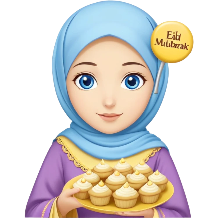Turkish beautiful finish Konya girl blue eyes with lila yellow hijab islamic dress and had on her hand text Eid Mubarak with sweets and celebrating with her friends eid days   emoji