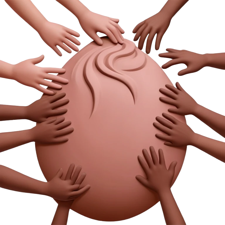 multiple hands working together to form and shape a large pink clay sculpture, collaborative pottery making emoji