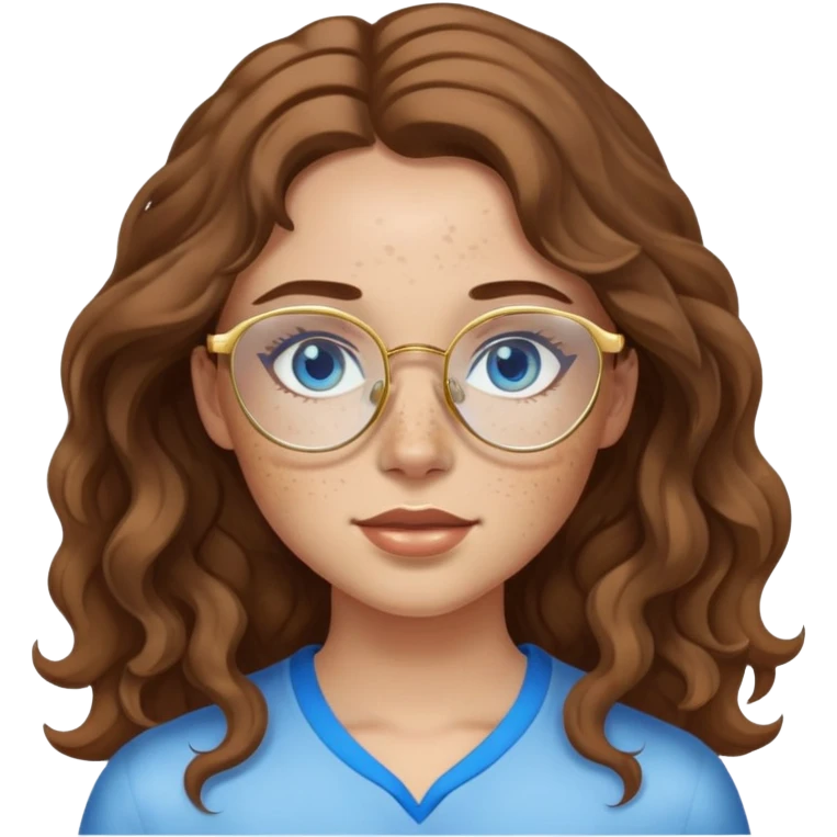 Girl with light skin, wavy brown hair, blue eyes, freckles, and gold glasses emoji