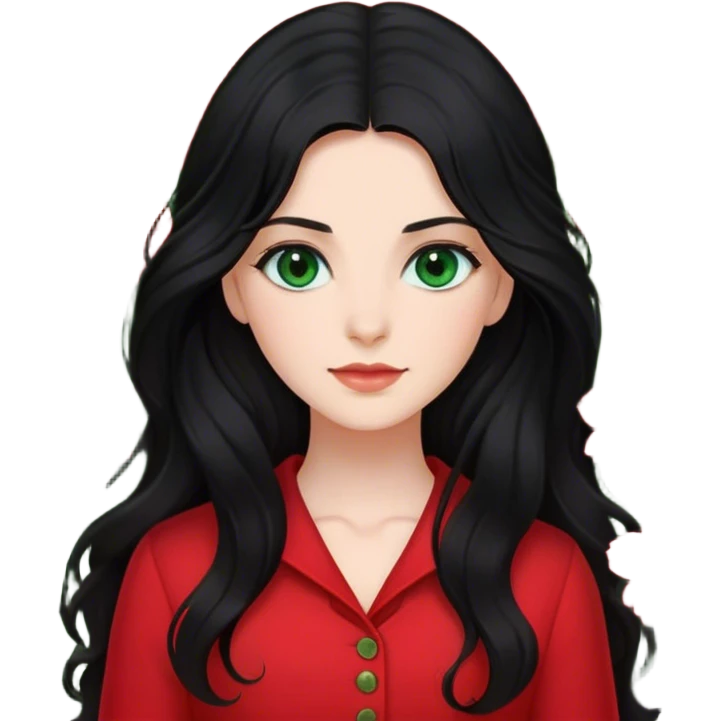 Dark green eyed women with long black wavy hair red flower background red clothing emoji
