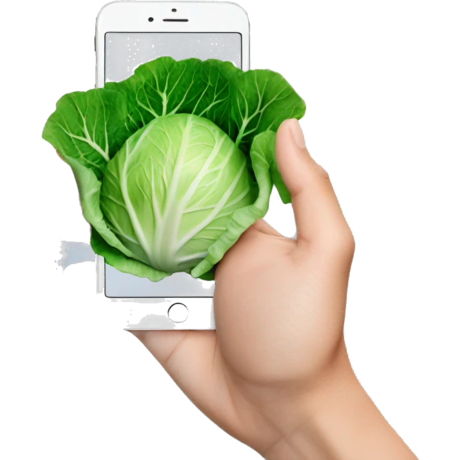 cabbage with phone and instargram logo on the phone i the hand emoji