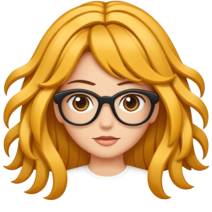Uma garota de cabelos encaracolados compridos e mechas bem loiras, com pele morena  e óculos emoji