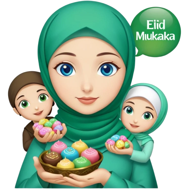 Turkish beautiful finish Konya girl blue eyes with green emerald hijab islamic dress and had on her hand text Eid Mubarak with sweets and celebrating with her friends eid days   emoji