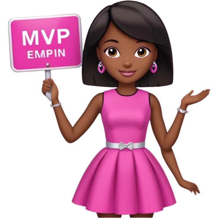 Black barbie, short  black bob  hair, pink dress with a sign that says mvp emoji