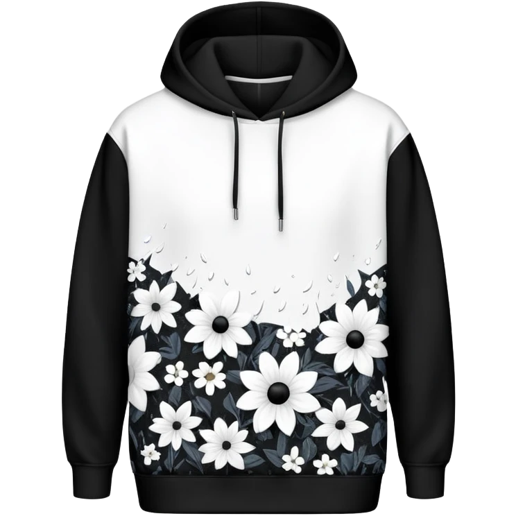 The BLACK Denim Tears Hoodie features a black base with distinctive black and white flowers. Each flower has a white outer ring with an empty space in the middle, creating a hollow, open design. These patterns are scattered across the hoodie for a bold and unique look. emoji