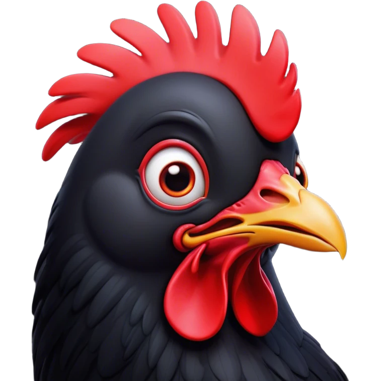 Cinematic Comical Black Chicken Portrait Emoji, Head tilted dramatically with an exaggeratedly amused expression, featuring a sleek, glossy black plumage with a bold red comb, wide, expressive beady eyes filled with playful disbelief, Simplified yet hilariously expressive features, highly detailed, glowing with a slightly sassy glow, high shine, dramatic yet playful, stylized with an air of cheeky mischief, bright and endearing, soft glowing outline, capturing the essence of a spirited and over-the-top chicken, so meme-worthy it feels like it could cluck its way into internet fame instantly! emoji