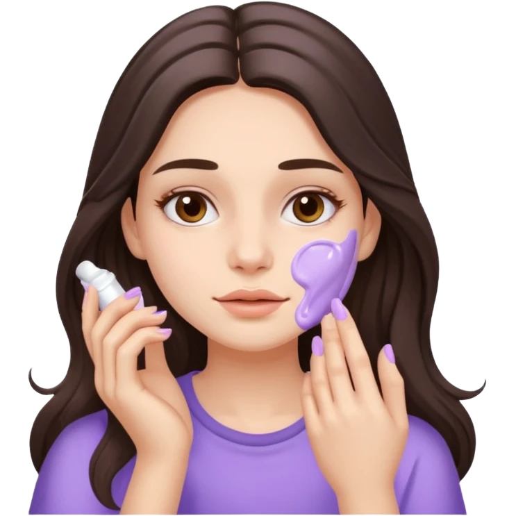 brunette girl with long hair applies lavender cream to her face emoji