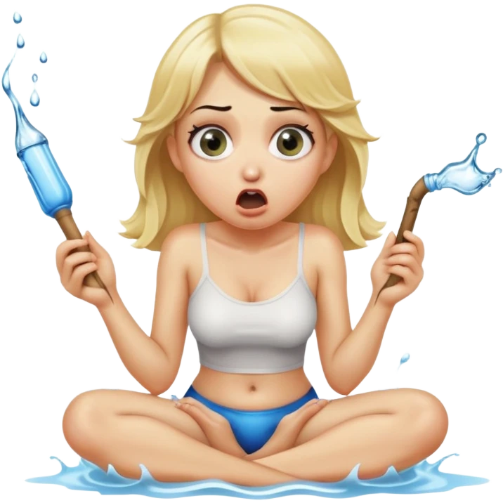 blond woman sitting on her knees with wide eyes, she's holding a thick short stick with a big knob, the stick is made of skin, water squirting from the knob into her mouth, shocked face emoji