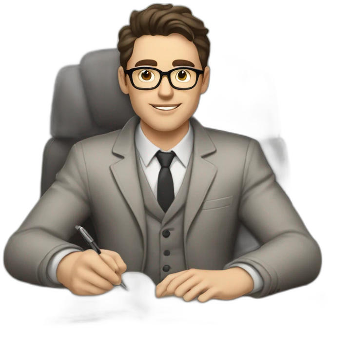 Pale skinned Fit Man With dark brown hair in gray jacket, beige office shirt and vintage glasses sitting In a soft chair with a notebook with emblem Ψ and a pen in his hands emoji