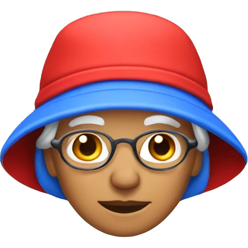 Old lady wearing blue bucket hat and a red fleece emoji