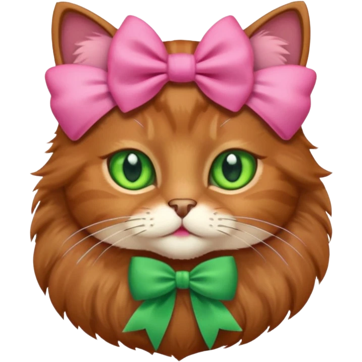   brown cat with green eyes and a pink bow emoji