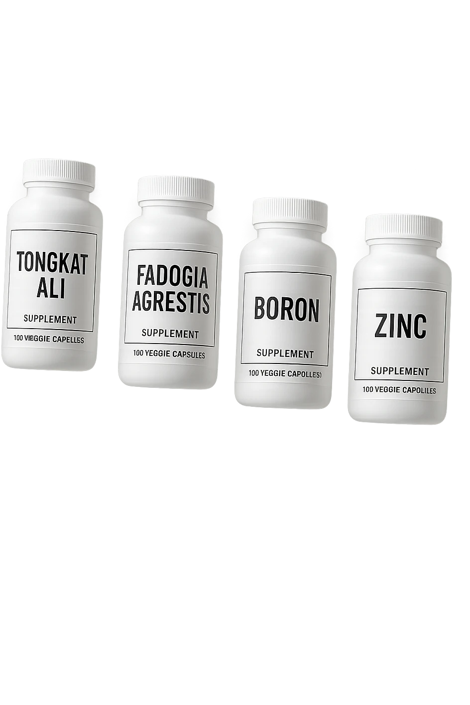 4 boccette di integratore: Tongkat Ali, Fadogia Agrestis, Boron e Zinco fluttuano in aria verticalmente emoji