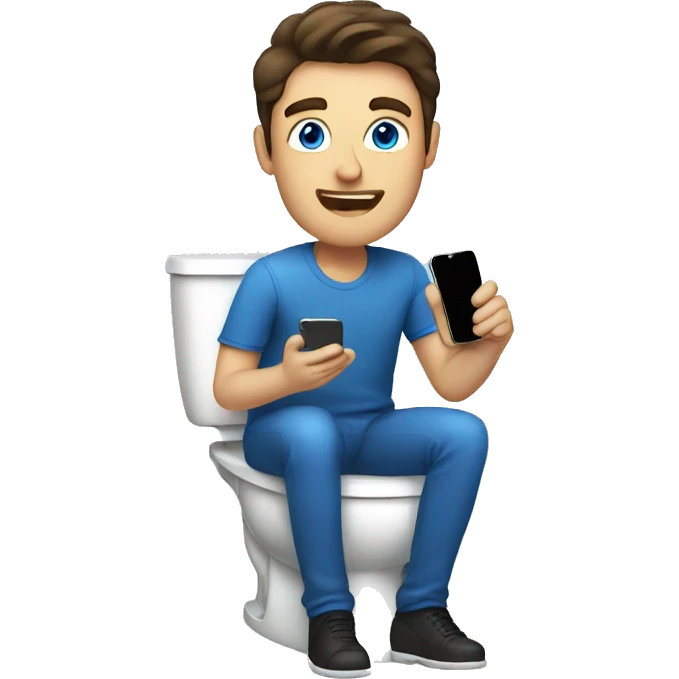 Brunette man with blue eyes sitting on the toilet holding a phone emoji