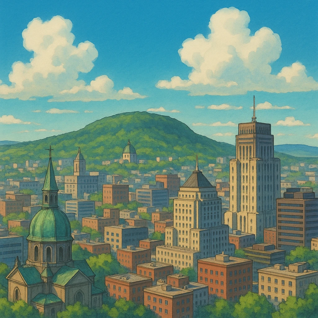 Montreal skyline with Mount Royal and iconic buildings, ghibli style emoji