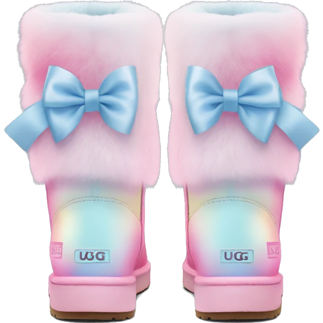 Realistic pair of pastel pink to pastel blue ombre fur Ugg boots with silk ribbon bows. emoji