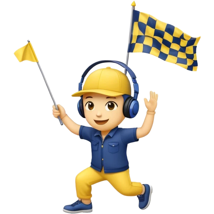 I want a yellow circle emoji (not a human emoji) holding a yellow and navy blue checkered flag in both hands, wearing a yellow and navy blue hat, dancing, smiling, and listening to music (with headphones or music notes visible).” emoji