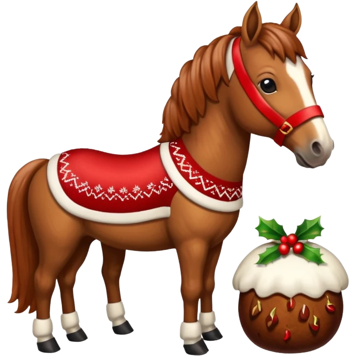Xmas horse with red bows and a Christmas pudding jumper emoji