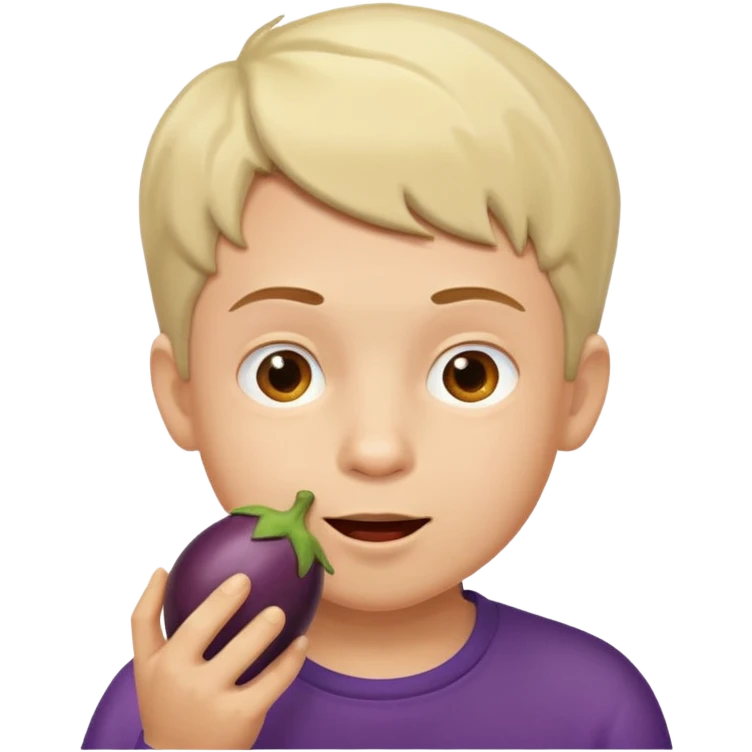 A boy eating a eggplant emoji