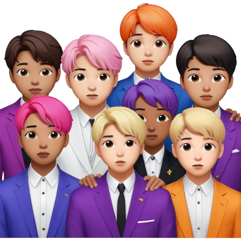 Cinematic Realistic group portrait of BTS featuring all 7 members in stylish modern attire, with detailed facial expressions and vibrant colors, captured in dynamic, contemporary lighting that emphasizes their global pop icon status emoji