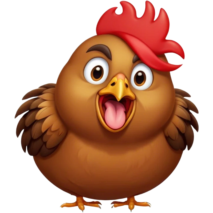 Cinematic Cute Yawning Brown Chicken Portrait Emoji, Head tilted slightly with a dramatic, wide-open yawn, showcasing a soft, fluffy brown plumage with a crisp red comb and gently drooping wings, round beady eyes barely open in drowsy contentment, Simplified yet irresistibly adorable features, highly detailed, glowing with a soft, cozy glow, high shine, relaxed yet expressive, stylized with a touch of whimsical charm, bright and endearing, soft glowing outline, capturing the essence of a sleepy yet affectionate chicken, so drowsy it feels like it could stretch out of the screen and curl up for a nap! emoji