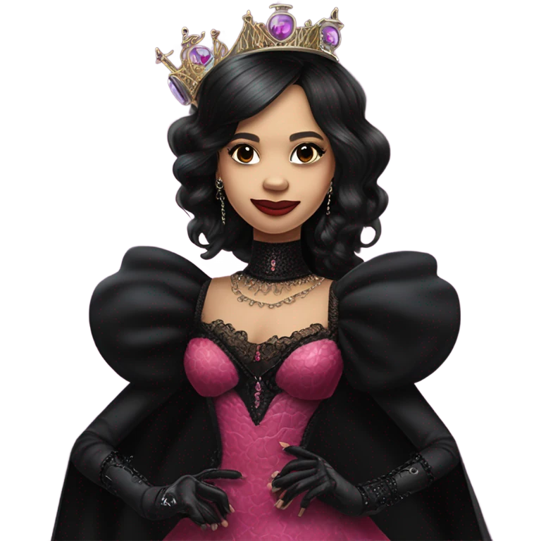  longstanding flirty Lavish black evening gown with see-through gloves, Jenna Ortega as Addams woman prom queen wearing a steampunk mini tiara, very large blood  pink evil-looking horned old dragon purse emoji
