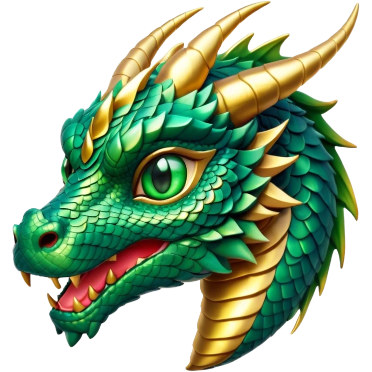 Cinematic Noble Dragon Portrait Emoji, Poised and majestic, with a sinuous, elongated body covered in intricately detailed, shimmering scales in hues of emerald and gold, and piercing, fiery eyes that reflect ancient wisdom; rendered with lifelike texture and natural highlights, high shine, intelligent and formidable, styled with an aura of mythic power, focused and attentive, soft glowing outline, capturing the essence of a legendary dragon that appears ready to soar out of the screen with timeless authority! emoji