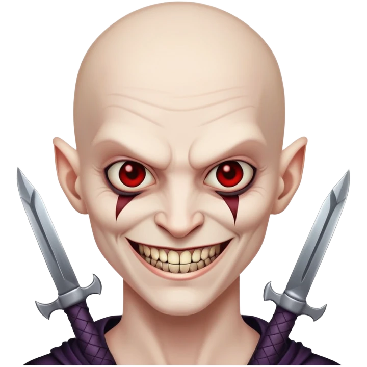 evil villain with razor blade weapons, completely hairless, sinister smile emoji