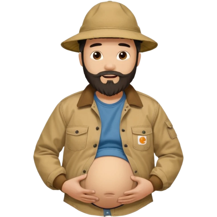 Bearded man rubbing pregnant belly poking out of shirt wearing a tan canvas carhartt jacket with a stereotypical large chinese hat on and buck teeth emoji