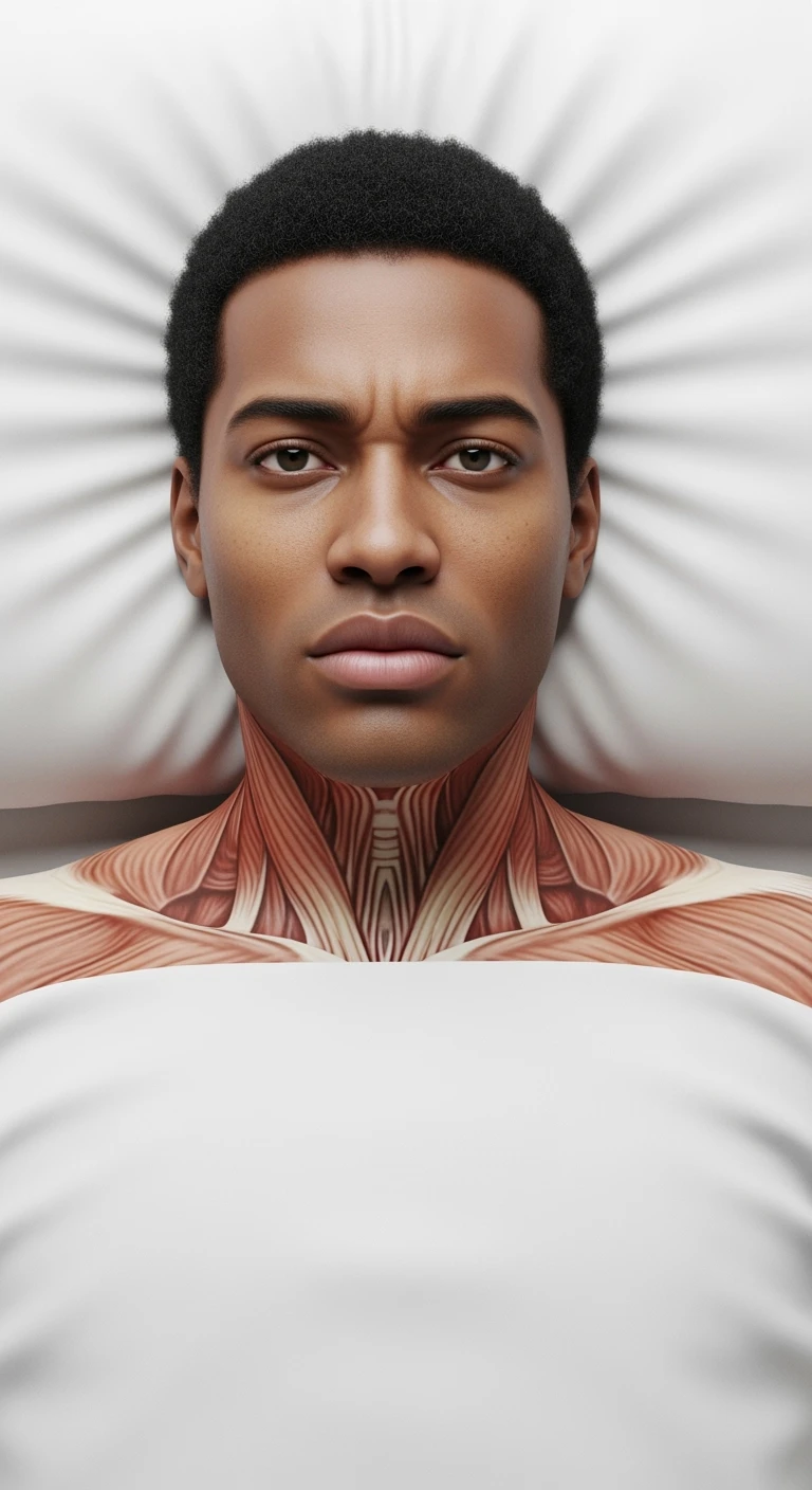 corpo umano anatomico realistico con la testa poggiata sul cuscino ma gli occhi aperti perché non riesce a dormire, visto dall'alto, sfondo bianco
IPERREALISTICO 4K emoji
