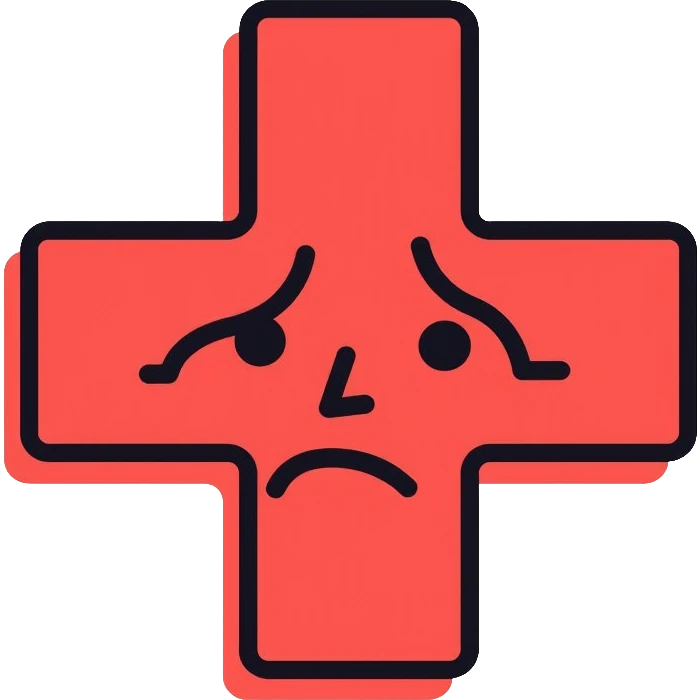 Red Cross medical symbol with negative vibes, sad face emoji