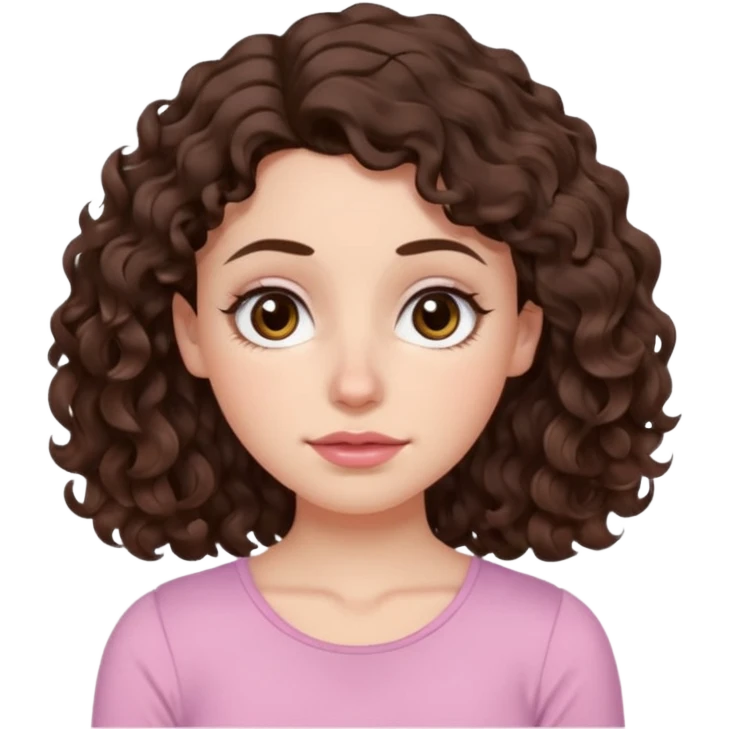 Aesthetic white girl with really long wavy/curly hair color dark brown, hair most be in front of the shoulders (hair in front of the shoulders). Big almond shape tired eyes color brown with dark circles, wide nose, natural lips, sweet expression. Dressed with a cute tight top color light pink. emoji