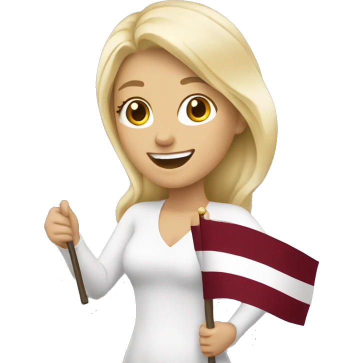 Happy blonde woman with a flag of Latvia in hands emoji