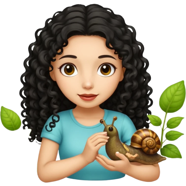 Pretty Latina girl with long black curly hair. She is playing with her cute garden snail.  emoji