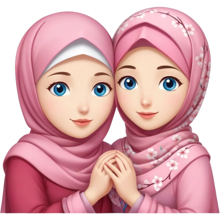 Two friendly sister Turkish girls beautiful finish Konya blue eyes with cherry blossom hijab and heart dress and hugs  emoji