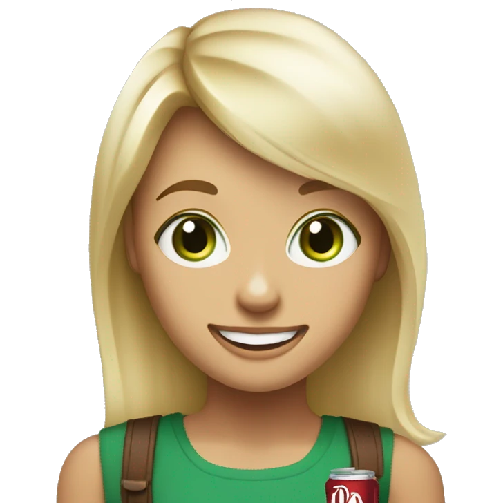 Blonde girl with shoulder length hair and swooped, bangs, big green eyes holding a diet Dr Pepper and looking happy emoji