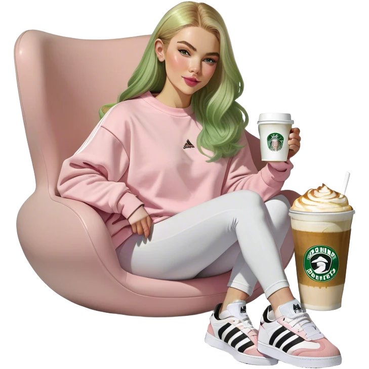 Girl long bright blonde hair middle part with rosy cheeks and plump mauve lips and green colored eyes wearing a white colored sweatshirt and black leggings, adidas OG Samba sneakers sitting in a large pink chair holding a latte emoji