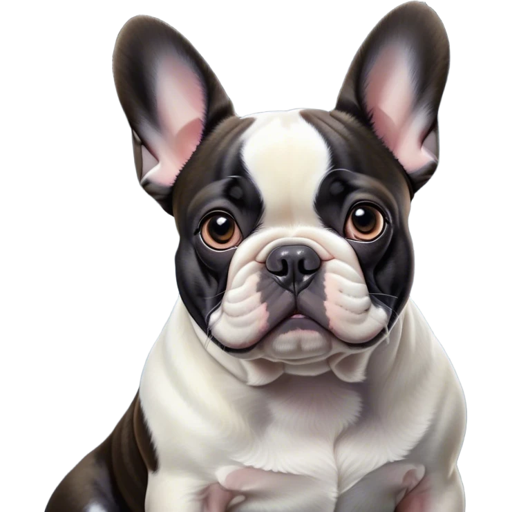 Cinematic Noble Pied French Bulldog Portrait Emoji, Radiating regal yet playful charm, with a distinctive pied fur of contrasting hues and a sculpted, expressive face featuring gentle, wise eyes and a confident stance, simplified yet artistically detailed, glowing with a soft, sophisticated radiance, high shine, exuding intelligent nobility and refined flair, soft glowing outline, capturing the essence of a noble Pied French Bulldog that embodies both strength and grace! emoji