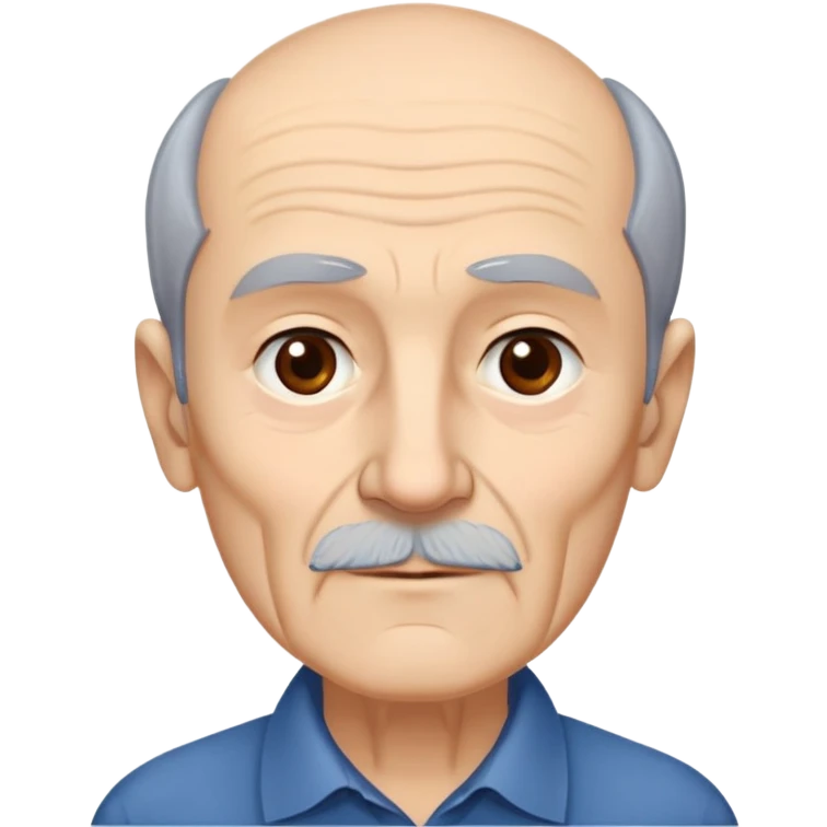 Elderly thin man with light skin. Narrow face with visible cheekbones and jawline. Signs of aging with some wrinkles. Expressive dark brown eyes, thick eyebrows. Short brown hair with receding hairline. Untidy brown beard with some gray strands. Wearing a dark blue shirt. emoji
