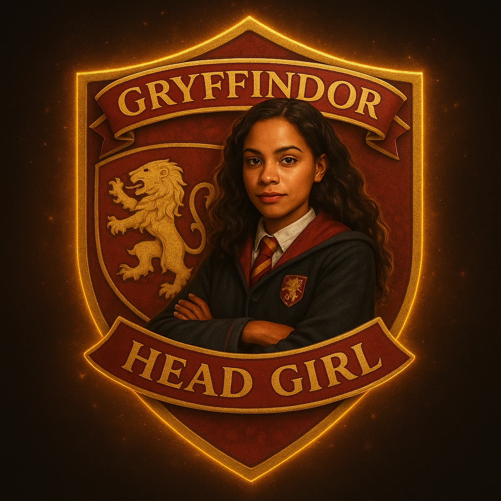 Make this head girl of Gryffindor badge more realistic, with a confident young witch in lifelike Gryffindor robes, a realistic lion icon, and naturalistic lighting and textures. emoji