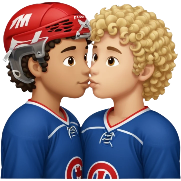 Straight Dark hair boy hockey player kissing curly hair blonde hockey player boy emoji