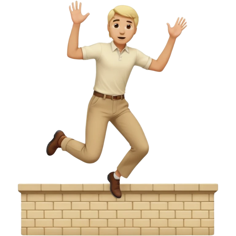 Blonde man with brown trousers and cream shirt jumping over wall emoji