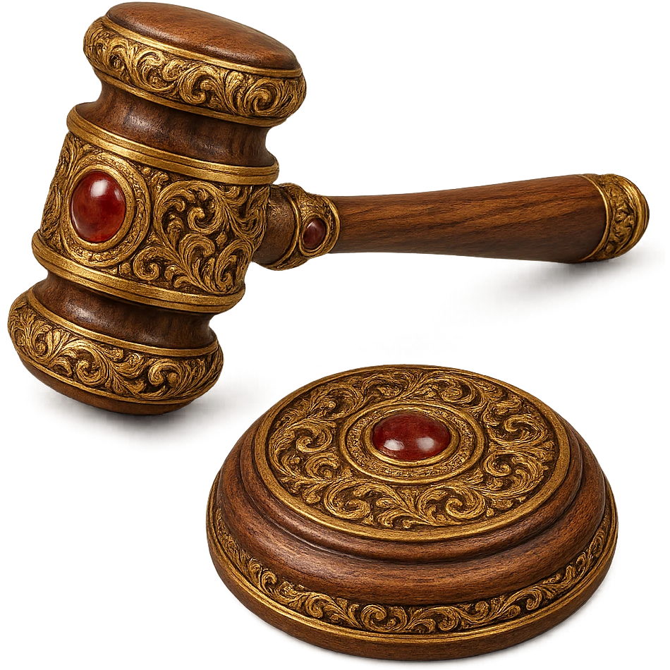 an ornate judge's gavel with decorative patterns, gemstone details, and a rich wooden texture emoji
