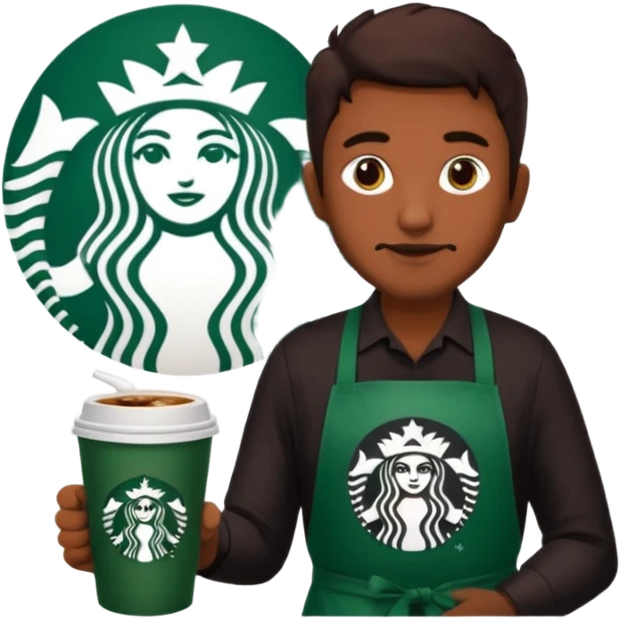 create a sticker of my male bangladeshi friend who is supervisor at starbucks plus coffemaster so black apron woth coffeemaster on it and starbucks logo emoji