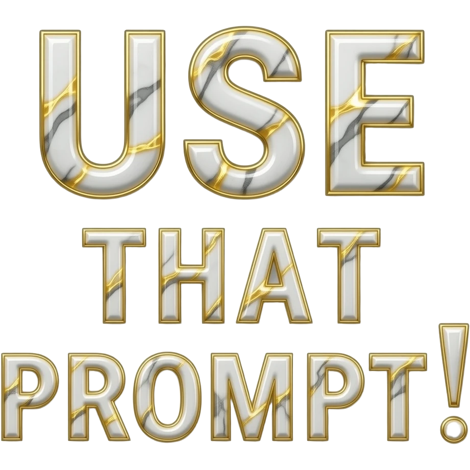 A luxurious uppercase text 'USE THAT PROMPT!' crafted from polished white Carrara marble with deep veins of more glowing liquid gold flowing through it. High-end jewelry aesthetic, soft studio lighting, elegant and Luxurious Marble Letter. emoji
