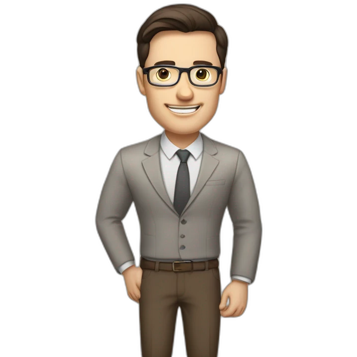 Pale skinned fit man with dark brown hair in gray jacket, beige office shirt, brown tie, brown pants and vintage glasses Writing text on the flipchart emoji